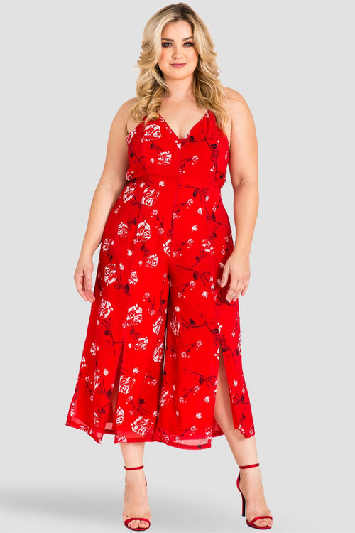 Plus Size Dianna Halter Capri Jumpsuit with Front Splits - Red Floral