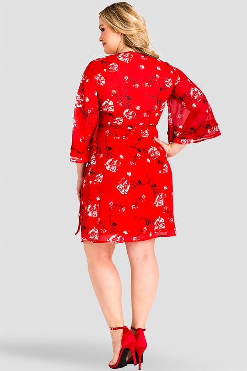 Plus Size LuLu Tiered Ruffle Bell Sleeve Wrap Dress - Red Floral