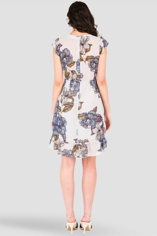 Standards & Practices Women's Mini Gray Floral Print Chiffon Cap Sleeve Ruffle Hem Dress
