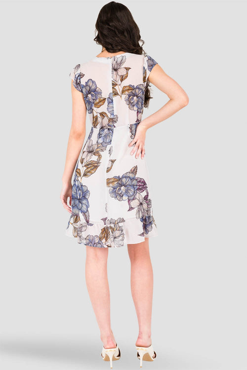  Women's Flowy Mini Gray Floral Print Chiffon Cap Sleeve Ruffle Hem Dress
