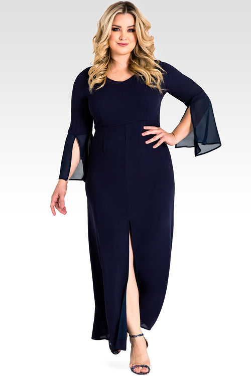 Plus Size Norah Split Bell Sleeve Maxi Dress - Midnight Blue Chiffon