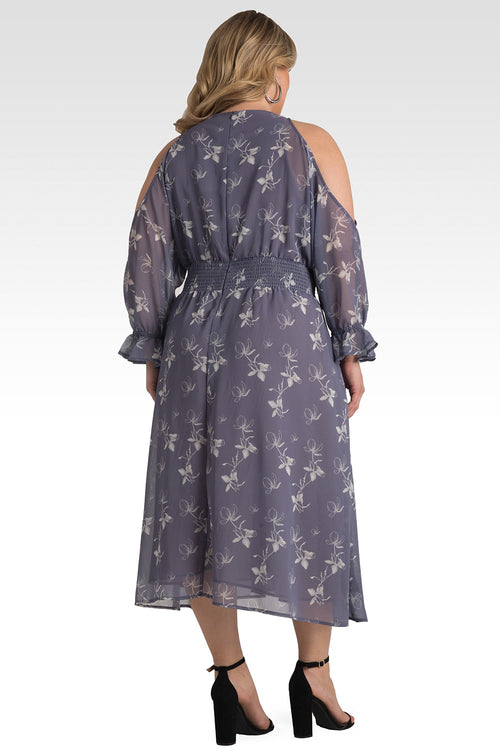 Plus Size Grace Lavender Floral Cold Shoulder Smocked Waist Midi Dress