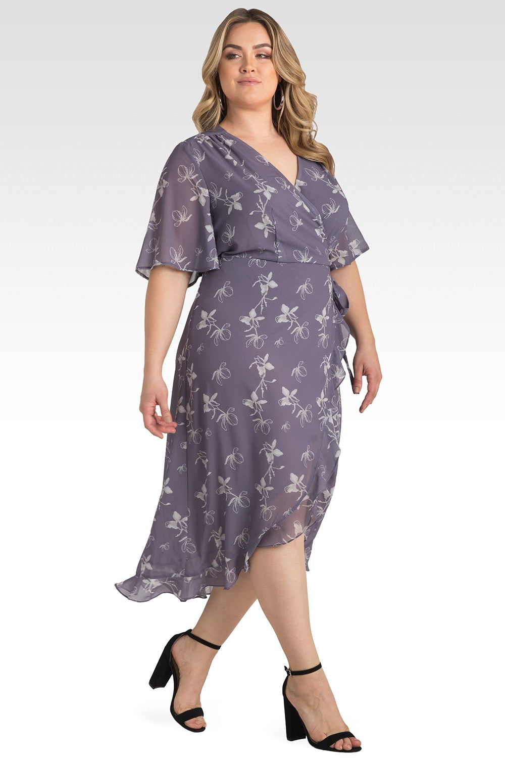 Standards & Practice Plus Size Lavender Sheer Flutter Sleeve & Ruffle Hem Wrap Dress – StandardandPractices