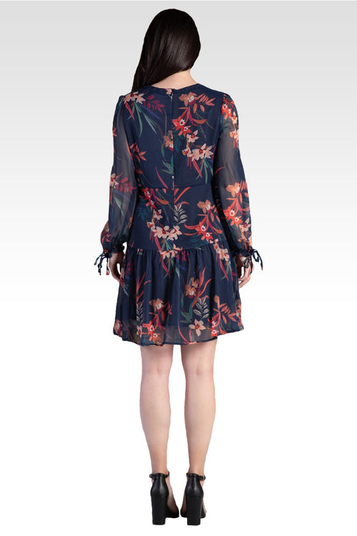 Blair Chiffon Long Sleeve Tiered Prairie Mini Dress - Tropical Mist Botanical / Floral Print