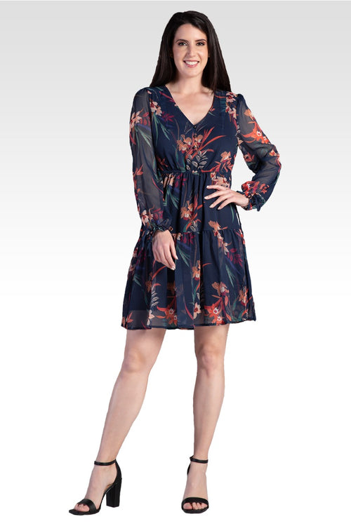 Blair Chiffon Long Sleeve Tiered Prairie Mini Dress - Tropical Mist Botanical / Floral Print