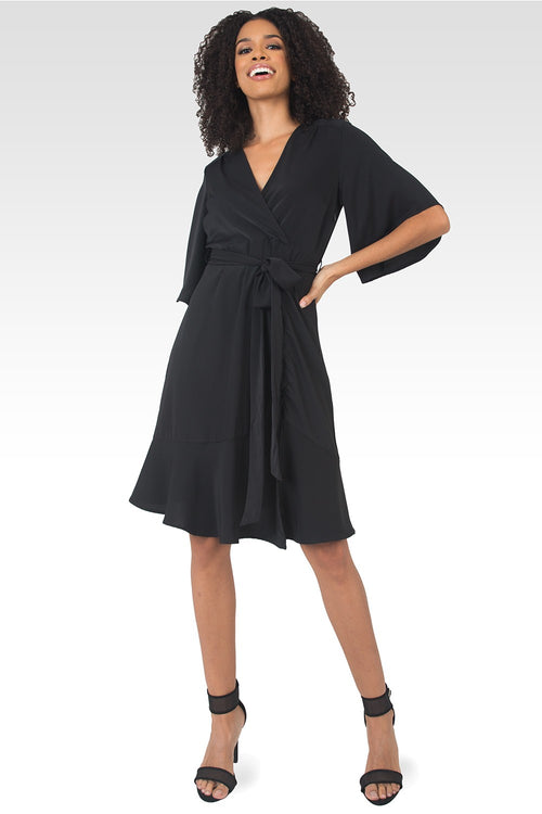 Serena Kimono Sleeve Ruffled Knee Length Wrap Dress - Black-1