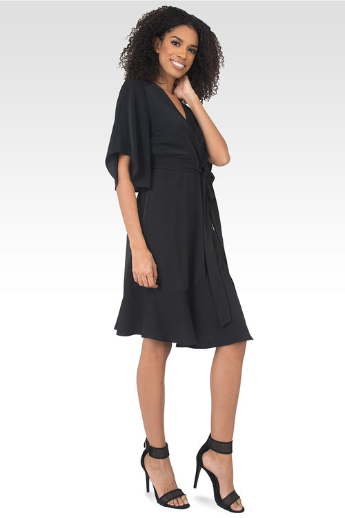 Serena Kimono Sleeve Ruffled Knee Length Wrap Dress - Black-3