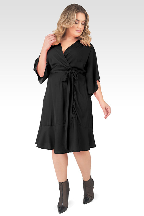 Plus Size Serena Kimono Sleeve Ruffled Knee Length Wrap Dress - Black-1