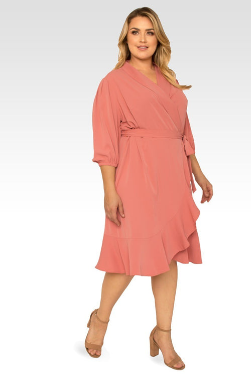 Kylie Plus Size Double Georgette Dusty Pink Ruffles Wrap Midi Dress
