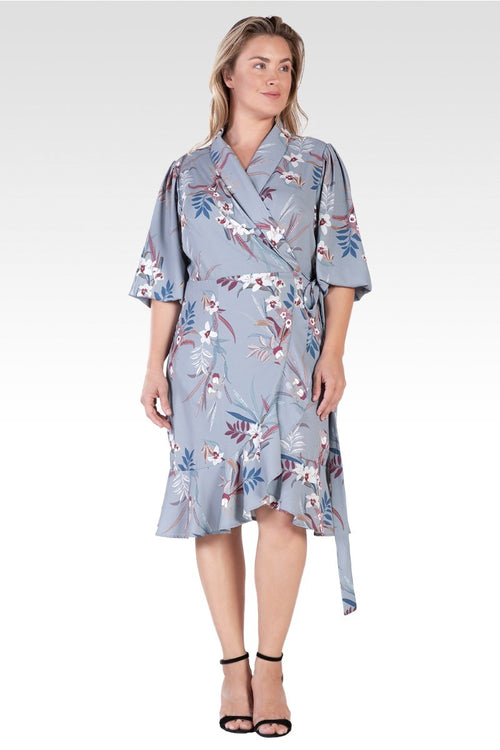 Kylie Plus Size Double Georgette Grey Tropical Floral Print Ruffles Wrap Midi Dress