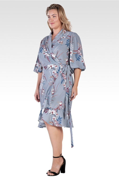 Kylie Plus Size Double Georgette Grey Tropical Floral Print Ruffles Wrap Midi Dress