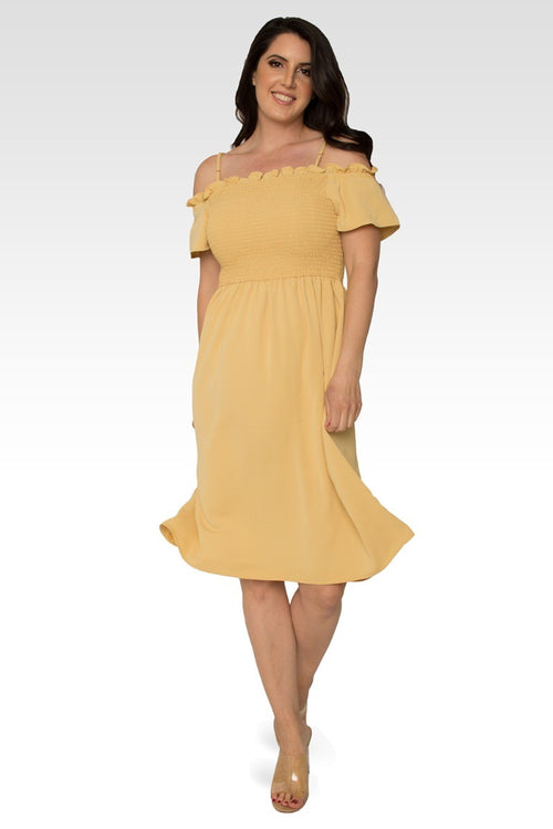 Gabi Off The Shoulder Pale Banana Smocked Georgette Dress
