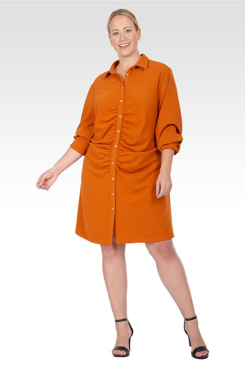 Kinsley Women's  Plus Size Ruched Front  Buttoned Down Mini Shirt Dress