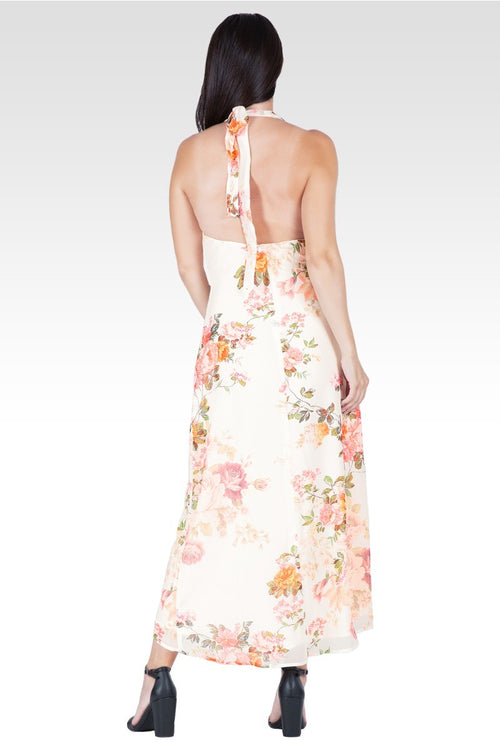 Akari Women's Floral Print Cowl Neck Backless Maxi Dress