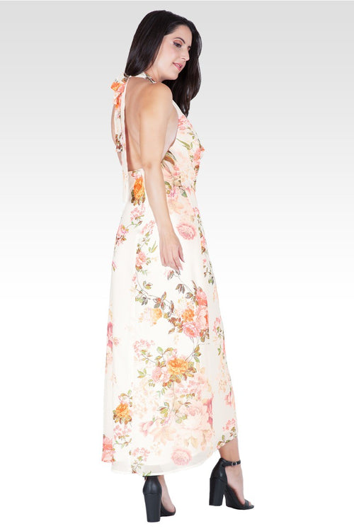 Akari Women's Floral Print Cowl Neck Backless Maxi Dress