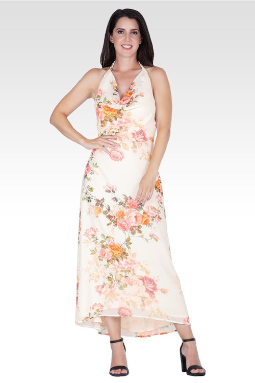 Akari Women's Floral Print Cowl Neck Backless Maxi Dress