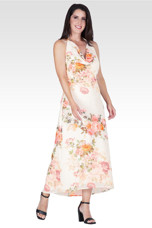 Akari Women's Floral Print Cowl Neck Backless Maxi Dress