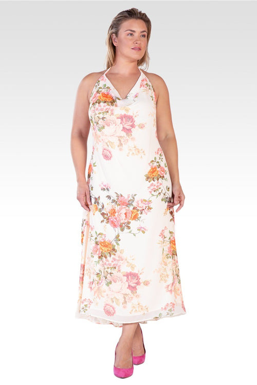 Akari Women's Plus Size Floral Print Cowl Neck Backless Maxi Dress