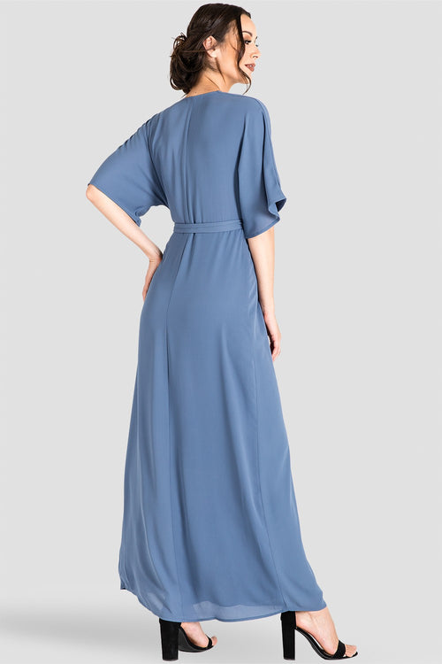 Light Blue Floral Kimono Wrap Maxi Dress 