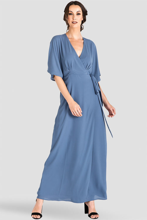 Slate Blue Floral Chiffon Kimono Maxi Dress 