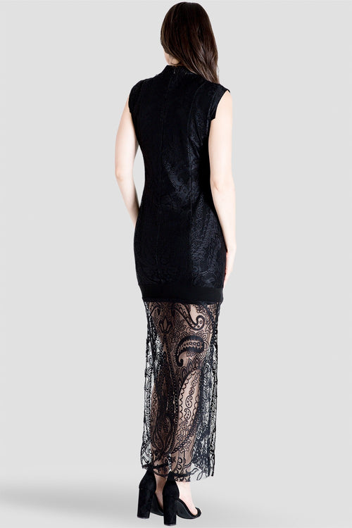 Women's Mock Turtle Neck Sleeveless Black Lace Maxi Dress 