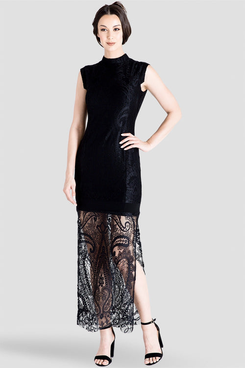 Clover Sleeveless Black Lace Maxi Dress w Mock Turtle Neck 