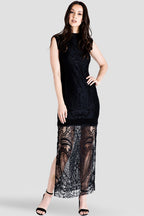 Sleeveless  BlackMock Turtle Neck  Lace Maxi Dress 