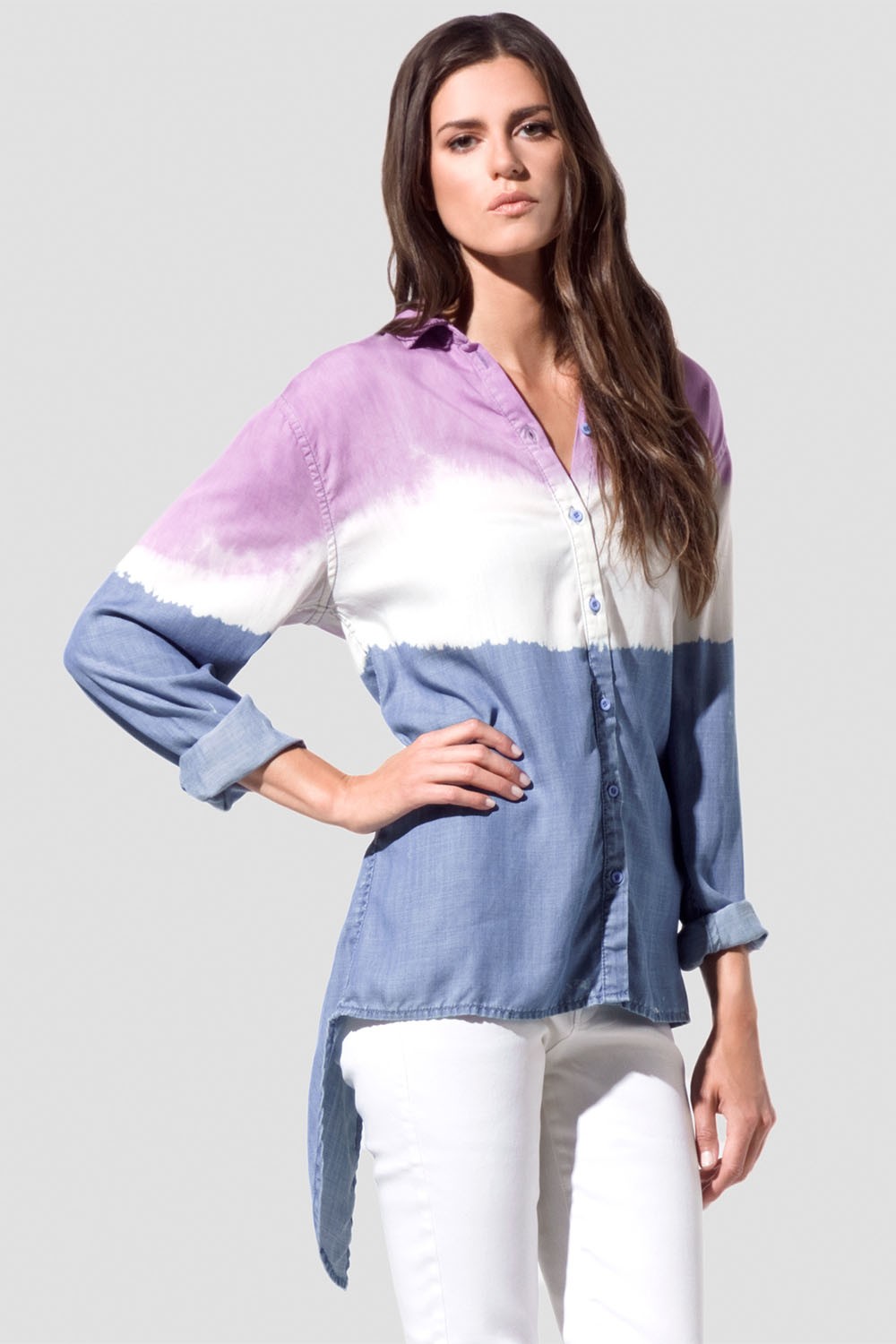 Color Tricore Women's Ombre Tri-Color Hi-Lo Tencel Button Up Shirt | Modern ...