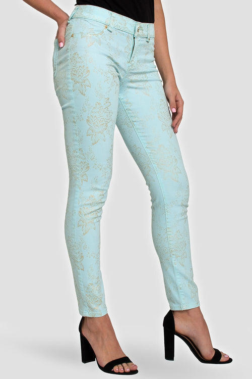 Women Light Blue Metallic Floral Ankle Jeans 