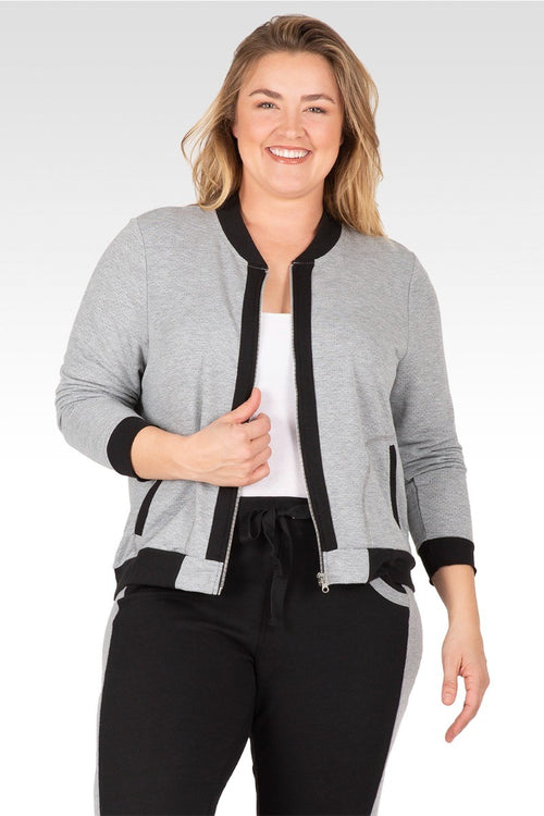 Alexis French Terry Zip Front Baseball Jacket - Grey Black