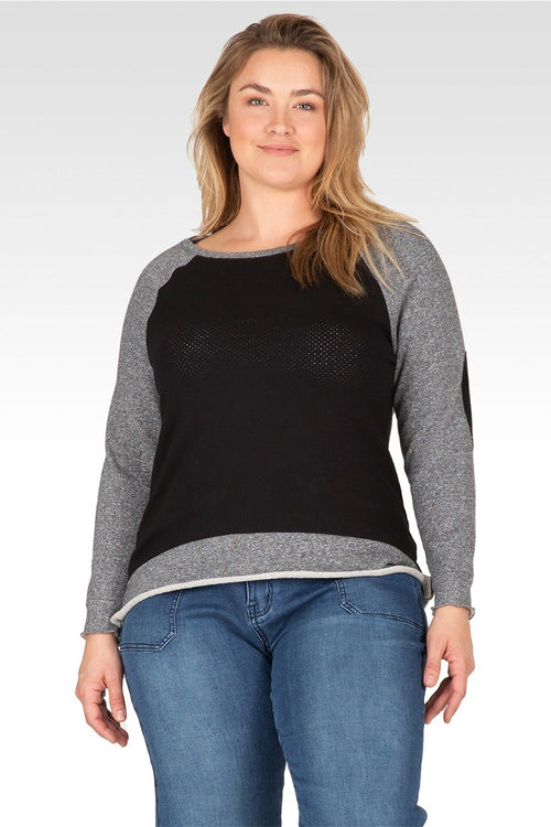Plus Size Neesa Arm Patch Black With Charcoal French Terry Long Sleeve Mesh Top