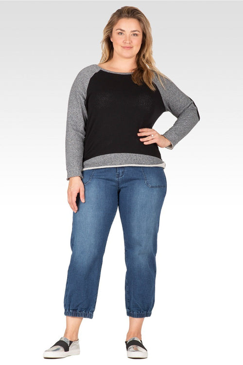 Plus Size Neesa Arm Patch Black With Charcoal French Terry Long Sleeve Mesh Top