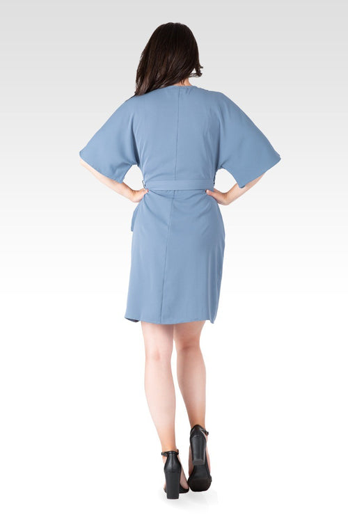 Candice Slate V-Neck Kimono Wrap Blue Midi Dress
