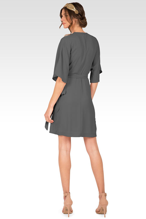 Candice Smoke Grey V-Neck Kimono Wrap Midi Dress
