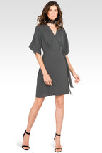 Candice Smoke Grey V-Neck Kimono Wrap Midi Dress