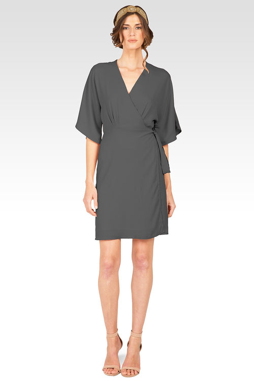 Candice Smoke Grey V-Neck Kimono Wrap Midi Dress