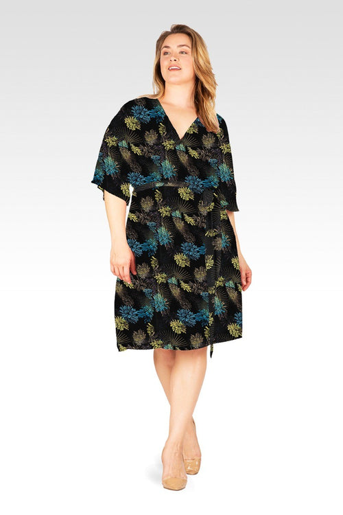Plus Size Candice Black Sparkler V-Neck Knee Length Kimono Wrap Dress