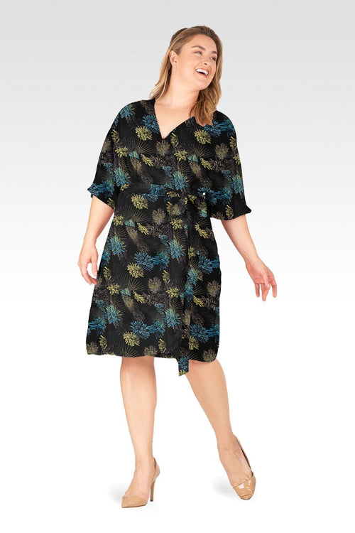 Plus Size Candice Black Sparkler V-Neck Knee Length Kimono Wrap Dress