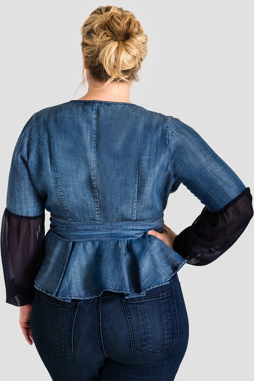 Standards & Practices Plus Size Women's Tencel Denim Puff Sleeve Wrap Top - Letty