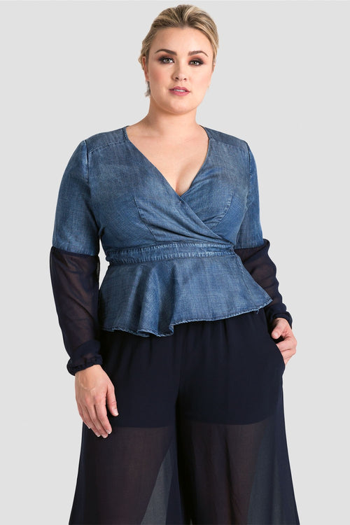 Standards & Practices Plus Size Women's Tencel Denim Puff Sleeve Wrap Top - Letty