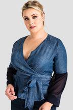 Standards & Practices Plus Size Women's Tencel Denim Puff Sleeve Wrap Top - Letty