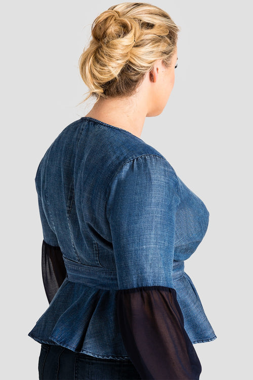 Standards & Practices Plus Size Women's Tencel Denim Puff Sleeve Wrap Top - Letty