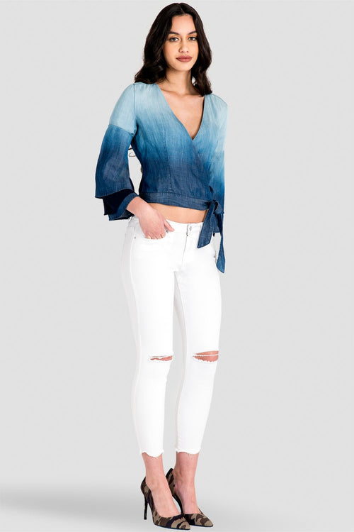 Lily Tiered Bell Sleeve Ombre Tencel Denim Wrap Crop Top