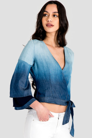 Lily Tiered Bell Sleeve Ombre Tencel Denim Wrap Crop Top