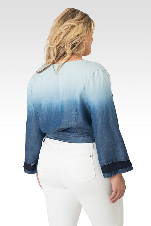 Plus Size Lily Tiered Bell Sleeve Ombre Tencel Denim Wrap Crop Top