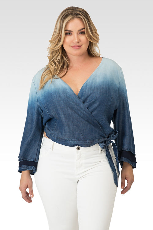 Plus Size Lily Tiered Bell Sleeve Ombre Tencel Denim Wrap Crop Top