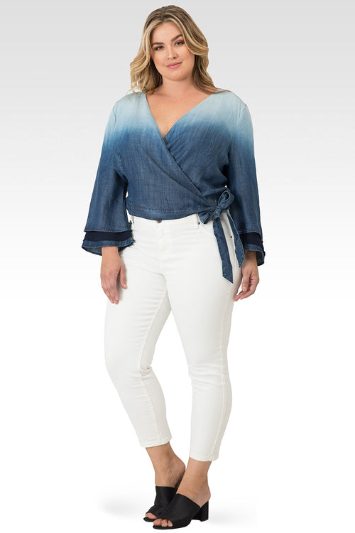 Plus Size Lily Tiered Bell Sleeve Ombre Tencel Denim Wrap Crop Top