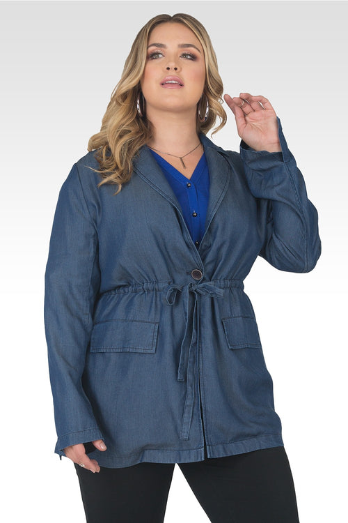Plus Size Adrienne Dark Wash Drawstring Tencel Denim Blazer-1