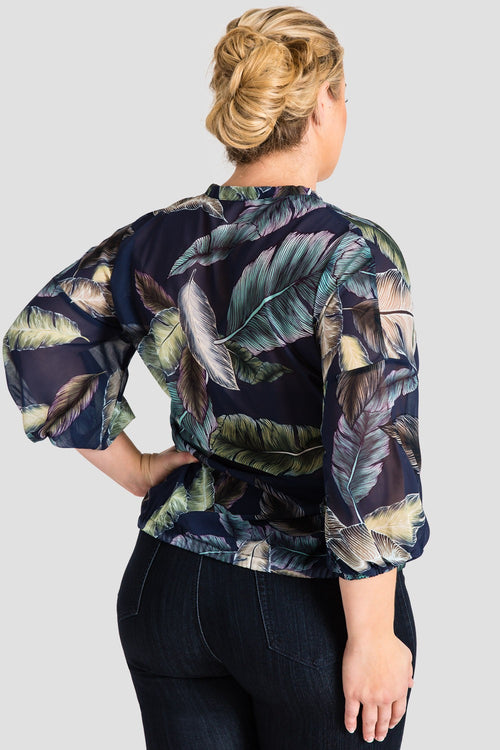 Plus Size Women's Tropical Leaf Print Chiffon Blouse 
