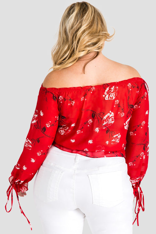 Plus Size Marina Off Shoulder Tie Sleeve Red Blouse
